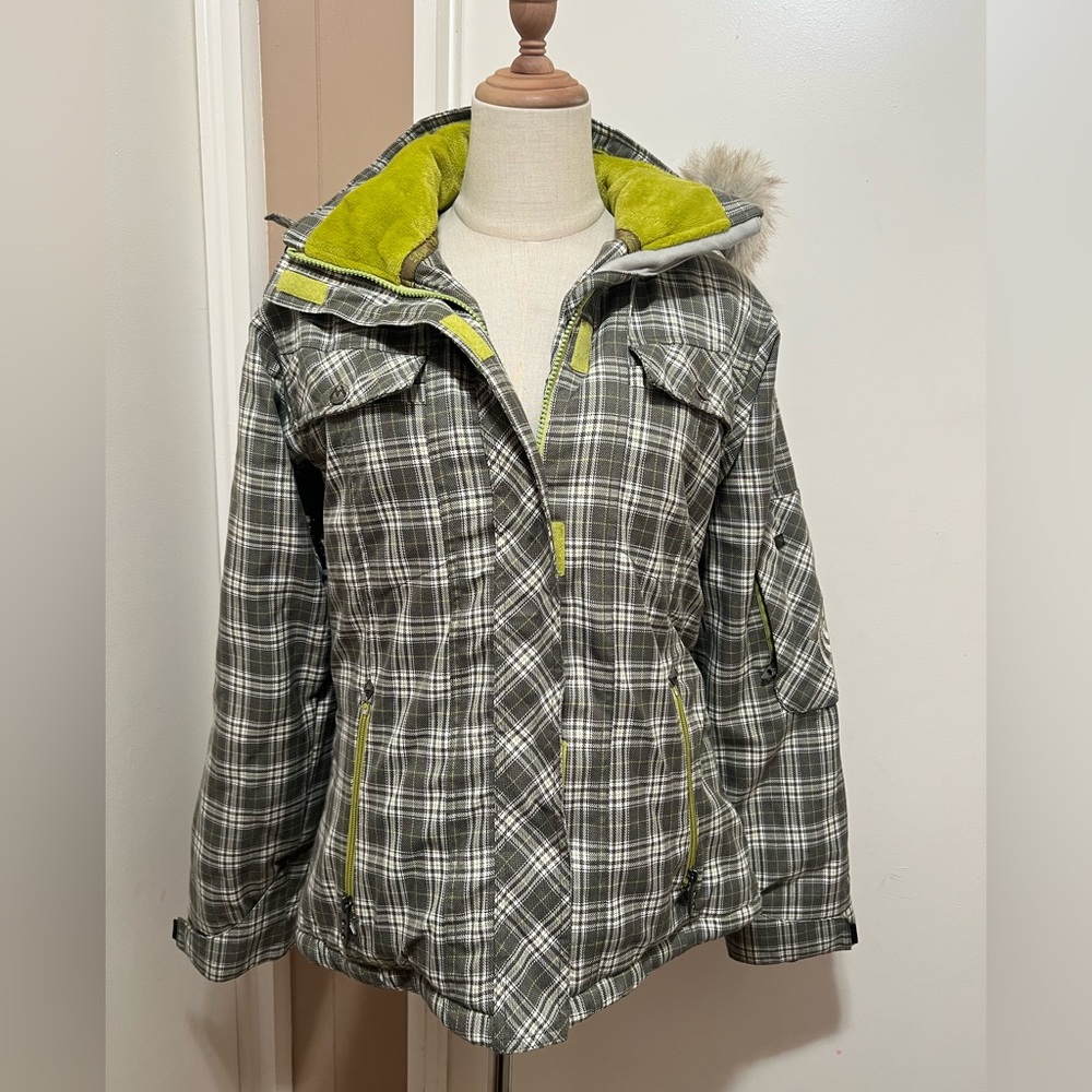 Lamar Ski Snowboard Winter Plaid Jacket Removable Hood Faux Fur Women's Size SP